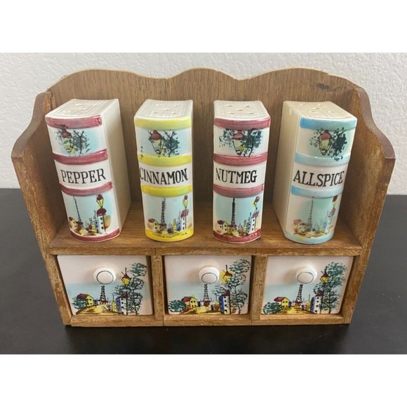 Wood and Ceramic Spice Rack 4 shakers with 3 drawers Japan Vintage City Scene - Picture 1 of 8